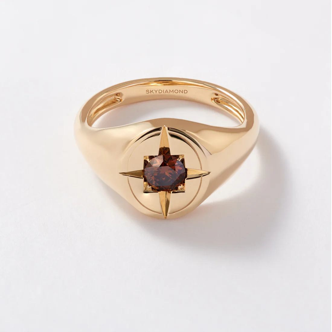 Cognac Round Brilliant 0.5ct Sky Signet Ring in 18ct Yellow Gold