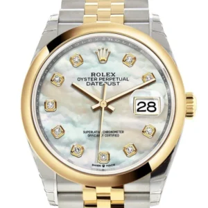 Rolex Datejust 36 White mother-of-pearl set with diamonds Dial Dome Bezel Jubilee Yellow Gold Two Tone Watch 126203 NP