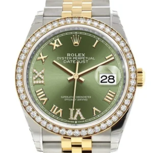 Rolex Datejust 36 Olive green set with diamonds Dial Diamond Bezel Jubilee Yellow Gold Two Tone Watch