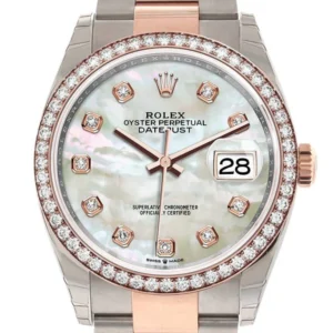 Rolex Datejust 36 White Mother-of-Pearl Set with Diamonds Dial Rose Gold Two Tone Watch 126281RBR 126281 NP