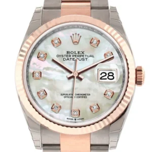 Rolex Datejust 36 White mother-of-pearl set with diamonds Dial Fluted Rose Gold Two Tone Watch 126231 NP