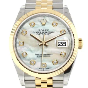Rolex Datejust 36 White mother-of-pearl set with diamonds Dial Fluted Bezel Jubilee Yellow Gold Two Tone Watch 126233 NP