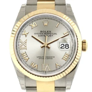 Rolex Datejust 36 Silver set with diamonds Dial Fluted Bezel Oyster Yellow Gold Two Tone Watch 126233 NP